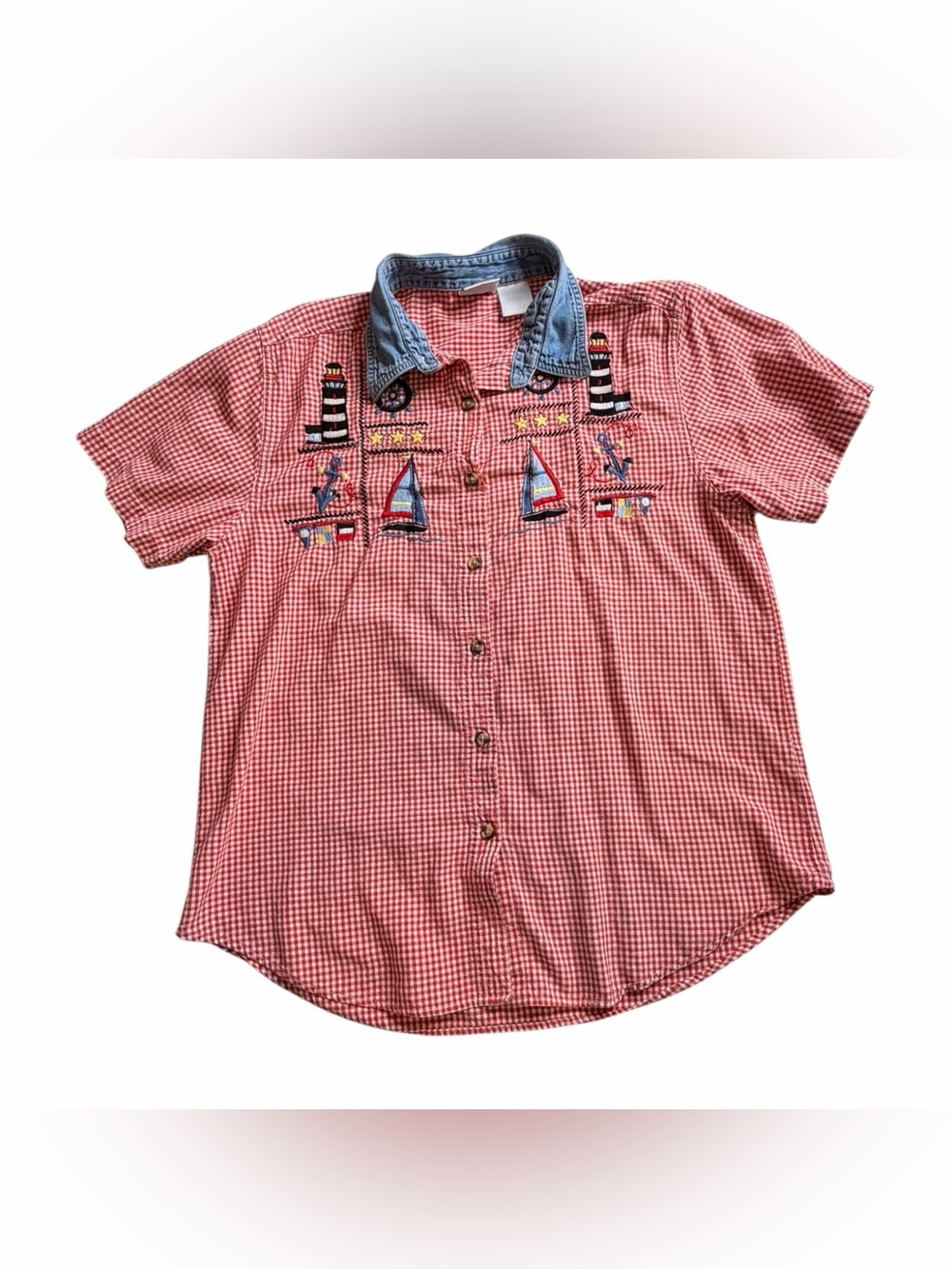 Bobbie Brooks 90s Vtg Nautical Embroidered Gingham Shirt Denim Collar Sz XL
